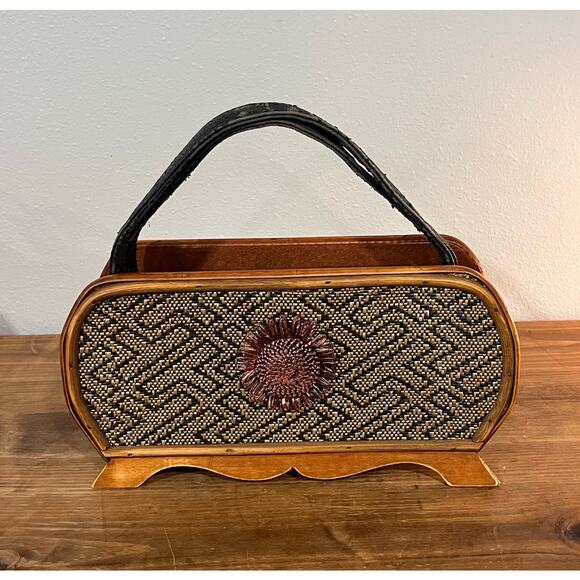 Vintage Woven Wooden Box Purse with Flower Detail and Wicker Panels - Picture 2 of 10